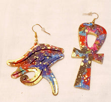 Load image into Gallery viewer, Handpainted Egyptian Ankh and Eye of Horus Wooden Earrings
