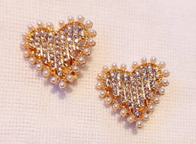 Load image into Gallery viewer, Small Crystal and faux pearl Heart Stud Clip On Earrings gold
