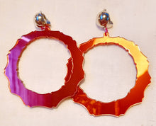 Load image into Gallery viewer, Medium sized Mirrored Acrylic bamboo hoop Clip on Earrings 3 inch red

