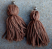 Load image into Gallery viewer, Clip on Extra Large Handmade Yarn Tassel Earrings khaki
