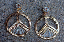Load image into Gallery viewer, Hammered Metal and rhinestone Peace Symbol Clip On Earrings Gold
