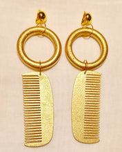 Load image into Gallery viewer, Large handmade handpainted  Wooden  Afro Pick Clip On Dangle Earrings 6 in
