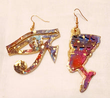 Load image into Gallery viewer, Handpainted Egyptian Ankh and Nefertiti Wooden Earrings
