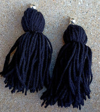 Load image into Gallery viewer, Clip on Extra Large Handmade Yarn Tassel Earrings black
