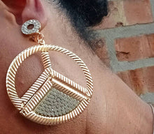 Load image into Gallery viewer, Hammered Metal and rhinestone Peace Symbol Clip On Earrings Gold
