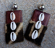 Load image into Gallery viewer, Handmade Afrocentric Natural Wood and Mudcloth Clip On Earrings
