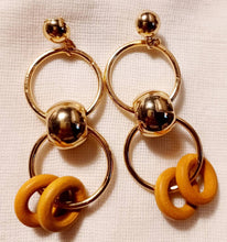 Load image into Gallery viewer, Gold Metal and wood Multi Hoop Clip On Earrings
