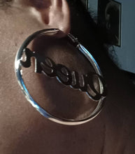 Load image into Gallery viewer, Silver Metal Queen Nameplate Hoop Earrings 3 inch
