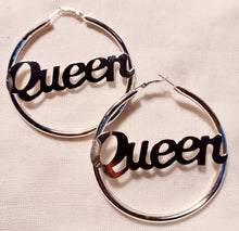 Load image into Gallery viewer, Silver Metal Queen Nameplate Hoop Earrings 3 inch

