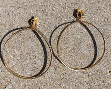 Load image into Gallery viewer, Large curved Gold Metal and rhinestone Hoop Clip On Earrings
