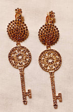 Load image into Gallery viewer, Handmade gold Metal and Shiny Rhinestone  Key Clip On Earrings
