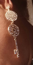 Load image into Gallery viewer, Handmade gold Metal and Shiny Rhinestone  Key Clip On Earrings
