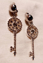 Load image into Gallery viewer, Handmade Silver Metal and Shiny Rhinestone Key Clip On Earrings
