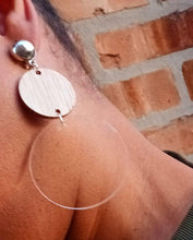 Load image into Gallery viewer, Handmade Minimalist wood and clear acrylic Disc Earrings Clip on
