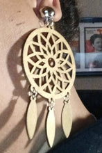 Load image into Gallery viewer, Large Wooden Dream Catcher Dangle Earrings black pierced ears
