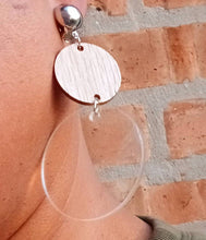 Load image into Gallery viewer, Handmade Minimalist wood and clear acrylic Disc Earrings Clip on
