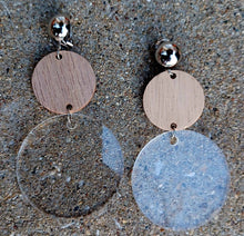 Load image into Gallery viewer, Handmade Minimalist wood and clear acrylic Disc Earrings Clip on
