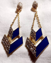 Load image into Gallery viewer, Handmade Rhinestone dangle Clip On Earrings gold and blue
