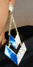 Load image into Gallery viewer, Handmade Rhinestone dangle Clip On Earrings gold and blue
