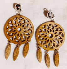 Load image into Gallery viewer, Large Wooden Dream Catcher Clip On Dangle Earrings
