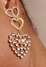 Load image into Gallery viewer, Handmade Clip On Blingy Heart  Dangle Earrings
