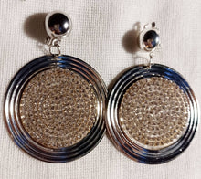 Load image into Gallery viewer, Hammered Metal and rhinestone Disc Clip On Earrings silver
