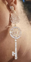 Load image into Gallery viewer, Handmade gold Metal and Shiny Rhinestone  Key Clip On Earrings
