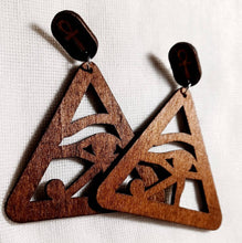 Load image into Gallery viewer, Egyptian Eye of Horus Wooden Earrings pierced ears

