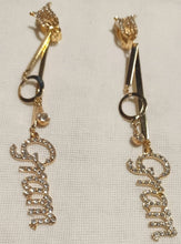 Load image into Gallery viewer, Instagram ready Handmade Rhinestone Gram statement dangle Clip On Earrings gold
