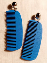 Load image into Gallery viewer, Natural Wood Afro Pick Clip On Dangle Earrings blue
