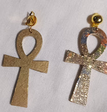 Load image into Gallery viewer, Handpainted Abstract Clip On Wooden Ankh Earrings
