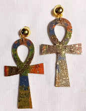 Load image into Gallery viewer, Handpainted Abstract Clip On Wooden Ankh Earrings
