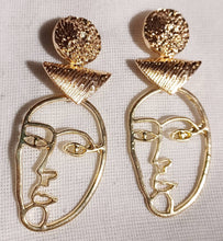 Load image into Gallery viewer, Handmade Abstract Face Design Dangle Earrings pierced ears gold
