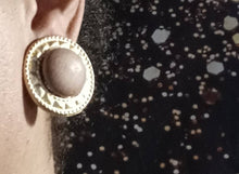 Load image into Gallery viewer, Vintage  Large matte gold and wood Medallion Stud Clip On Earrings
