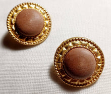 Load image into Gallery viewer, Vintage  Large matte gold and wood Medallion Stud Clip On Earrings
