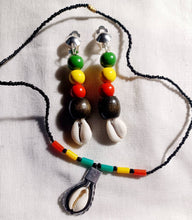 Load image into Gallery viewer, Vintage Afrocentric Cowrie Shell Collar Choker Style Necklace with matching custom clip on earrings
