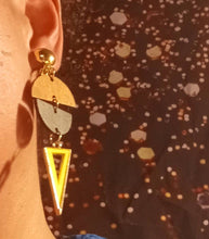 Load image into Gallery viewer, Minimalist Handmade 3 tone Wood and metal Clip On Dangle Earrings
