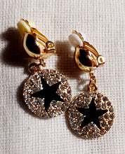 Load image into Gallery viewer, Small Gold rhinestone black star Dangle Clip On Earrings
