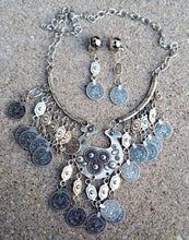 Load image into Gallery viewer, Boho coin bib necklace and matching earrings
