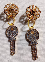 Load image into Gallery viewer, Small Handmade gold Metal and Shiny Rhinestone Key Clip On Earrings
