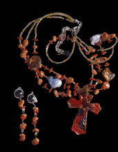 Load image into Gallery viewer, Vintage Hand Blown Glass Cross Necklace with Clip-on Earrings
