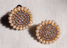 Load image into Gallery viewer, Handmade Rhinestone and Faux Pearl Medallion Stud Clip On Earrings

