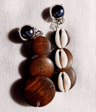 Load image into Gallery viewer, Small Handmade Wood and Cowrie Shell Clip On Earrings
