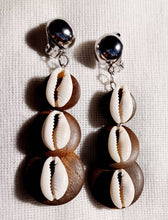 Load image into Gallery viewer, Small Handmade Wood and Cowrie Shell Clip On Earrings
