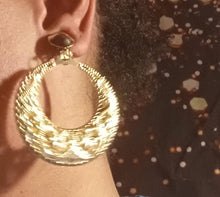 Load image into Gallery viewer, Medium sized Classic Clip On Small Bamboo Hoop Earrings Gold
