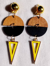 Load image into Gallery viewer, Minimalist Handmade 3 tone Wood and metal Clip On Dangle Earrings
