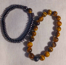 Load image into Gallery viewer, Mens Hematite and tigers eye Bead Bracelet Set of 2 New
