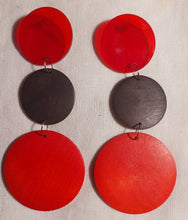 Load image into Gallery viewer, Handmade Clip On Wood Earrings, Red &amp; Black Geometric Design, 6 Inch
