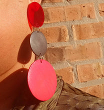Load image into Gallery viewer, Handmade Clip On Wood Earrings, Red &amp; Black Geometric Design, 6 Inch
