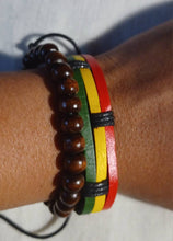 Load image into Gallery viewer, Mens red yellow green Leather and wood bead  Layering Bracelet set new
